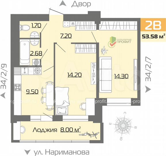 2-к. квартира, 53,6 м², 8/19 эт.