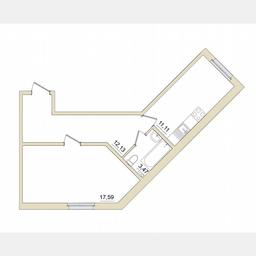 1-к. квартира, 44,3 м², 1/6 эт.