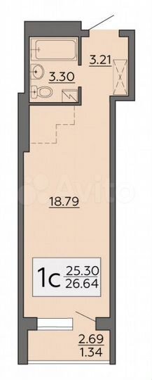 Квартира-студия, 26,6 м², 7/19 эт.