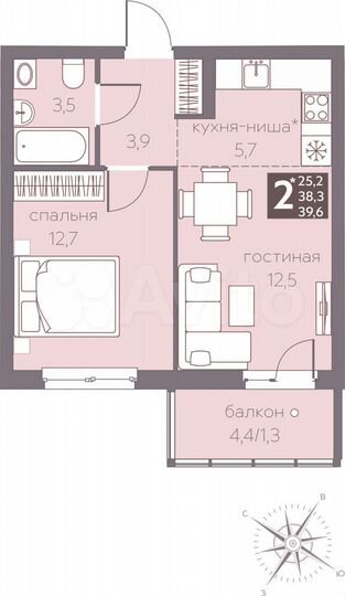 2-к. квартира, 39,6 м², 10/16 эт.
