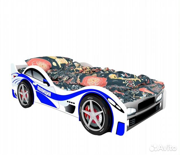 Кровать-машина Полиция с колесами (2шт.) и подсвет