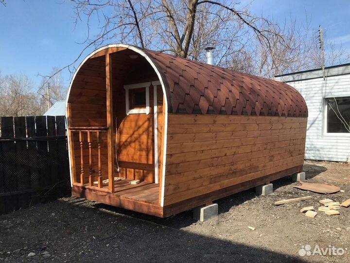 Небольшая баня бочка 4 м (парилка и комната по 2 м)