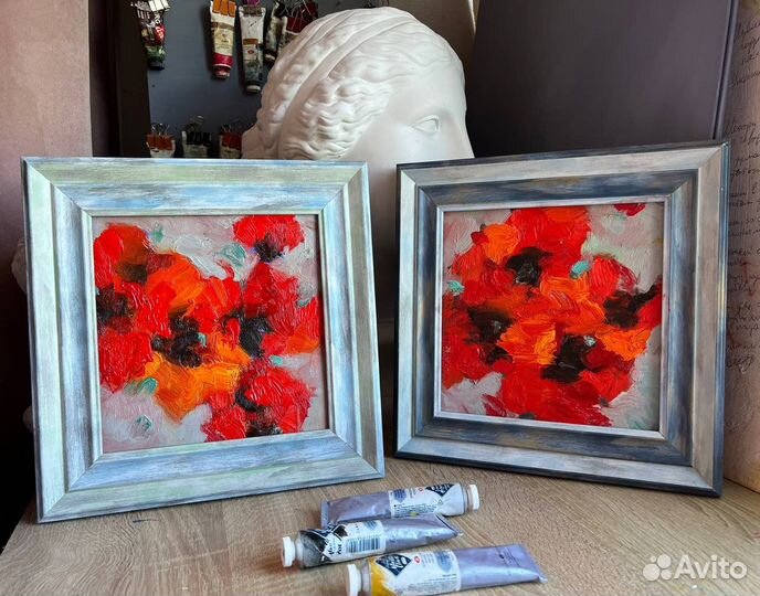 Картина маслом красные маки букет цветов с рамой