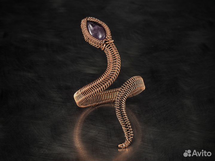 Кафф браслет Змея Аметист Медь Ручная работа