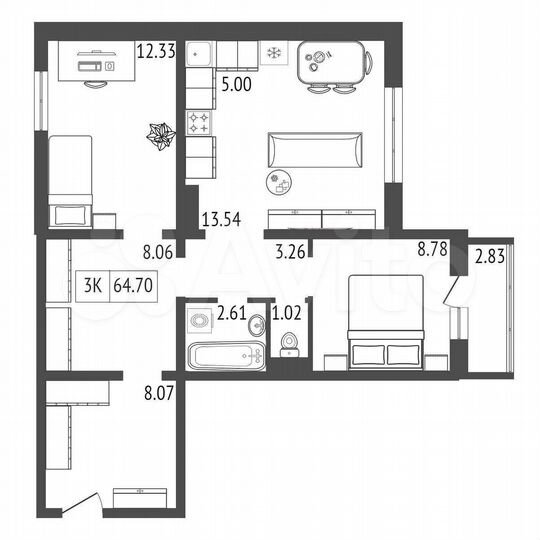 3-к. квартира, 64,7 м², 8/17 эт.