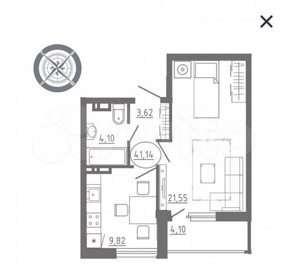1-к. квартира, 41,1 м², 4/18 эт.