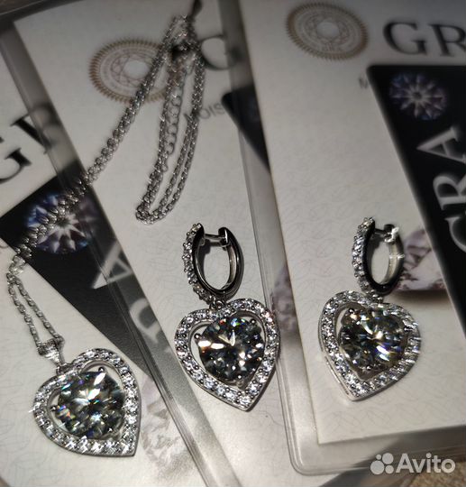 Серьги сердце и подвеска с муассанитами 5 ct