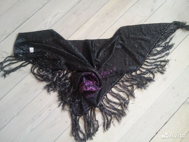 Шарф Косынка Черный Серебро Люрекс Япония Розы