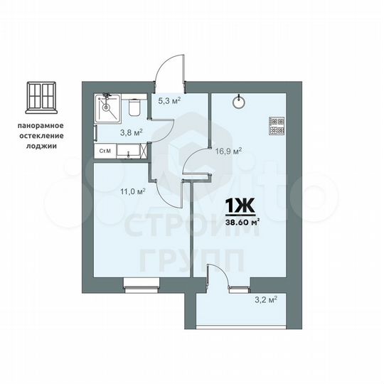 1-к. квартира, 38,6 м², 1/9 эт.