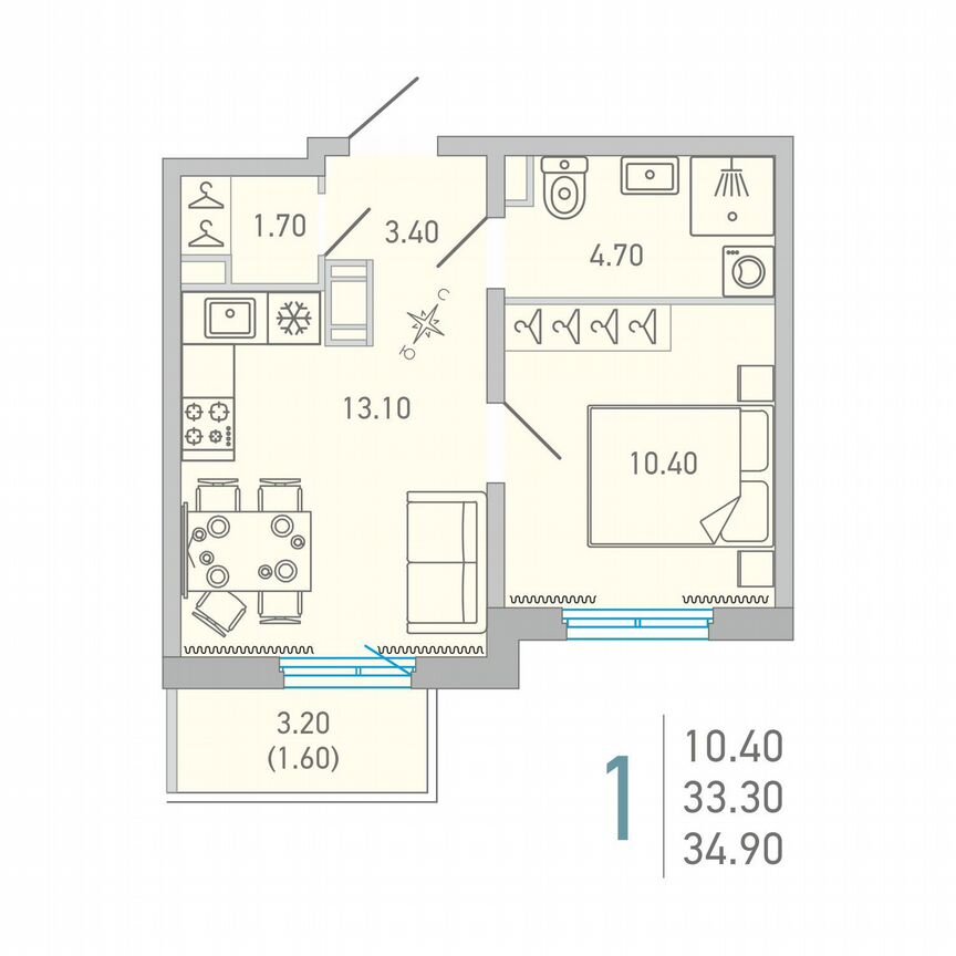 1-к. квартира, 34,9 м², 3/17 эт.