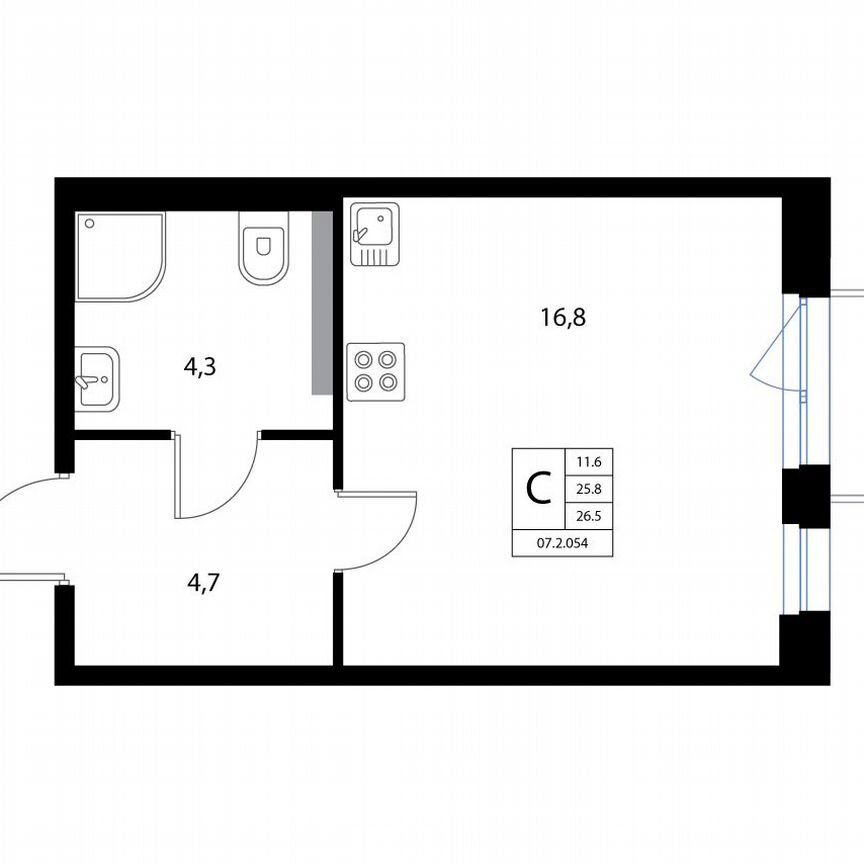 Квартира-студия, 26,5 м², 3/3 эт.