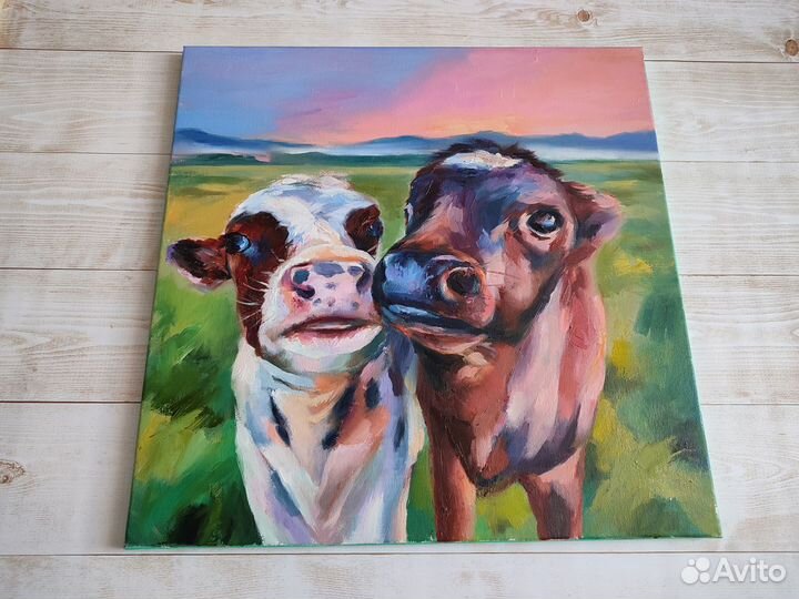 Картина с коровами маслом на холсте 50/50 см