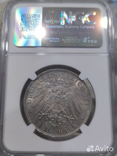 3 марки 1911 г. Бавария. Регент. Слаб NGC MS63