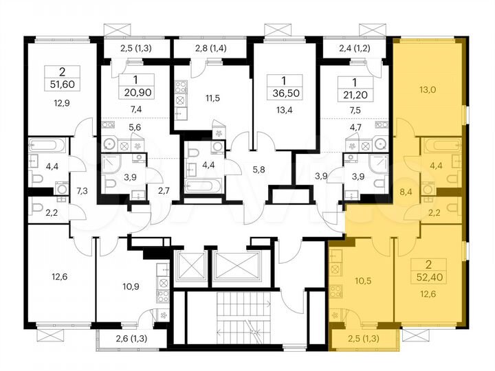 2-к. квартира, 52,4 м², 13/17 эт.