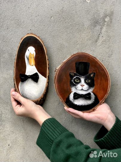 Картина на спиле березы Утя и Кот