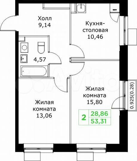 2-к. квартира, 53,3 м², 19/25 эт.