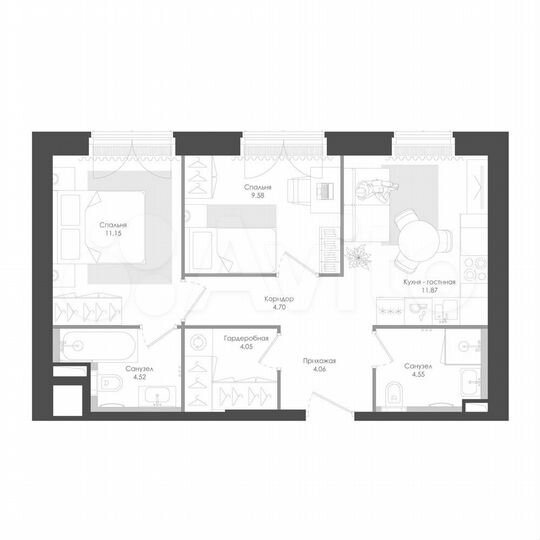 2-к. квартира, 54,3 м², 21/39 эт.