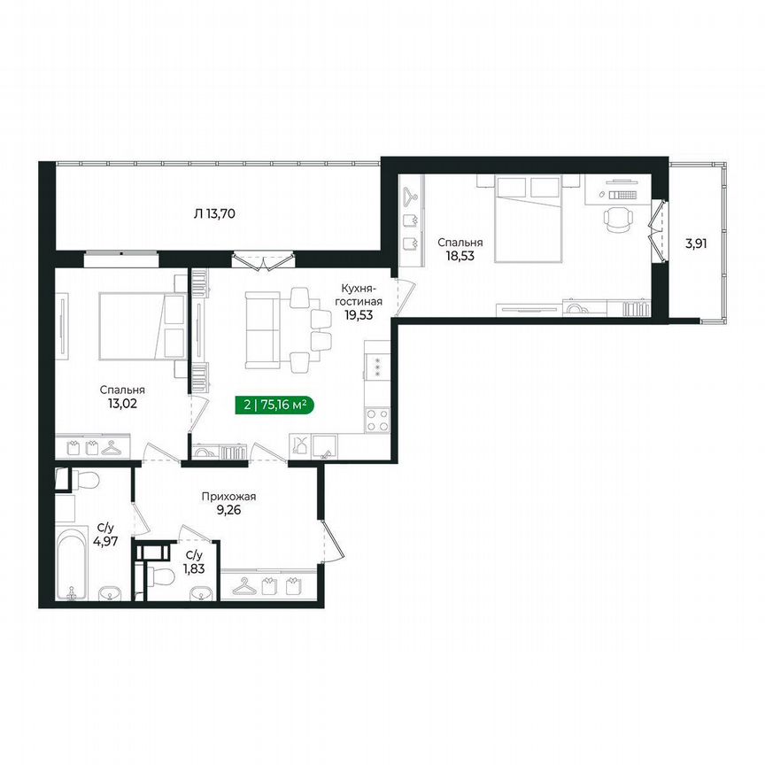 2-к. квартира, 75,2 м², 4/8 эт.