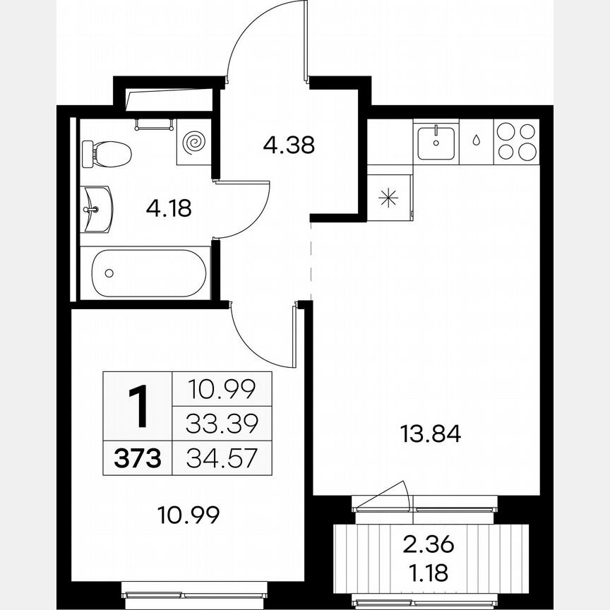 1-к. квартира, 34,6 м², 8/9 эт.