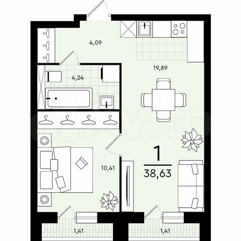 1-к. квартира, 38,6 м², 2/4 эт.