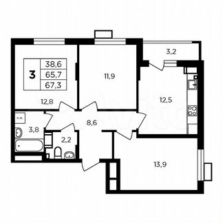 3-к. квартира, 68,9 м², 9/9 эт.