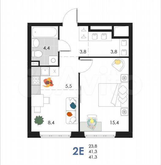 2-к. квартира, 41,3 м², 1/6 эт.