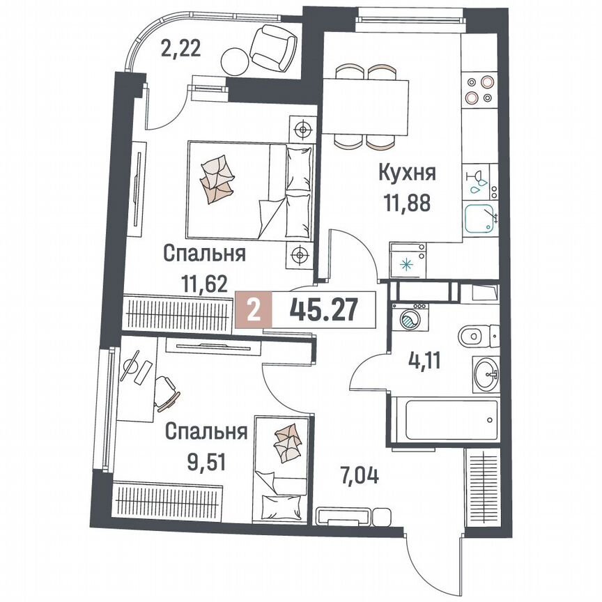 2-к. квартира, 45,3 м², 12/18 эт.