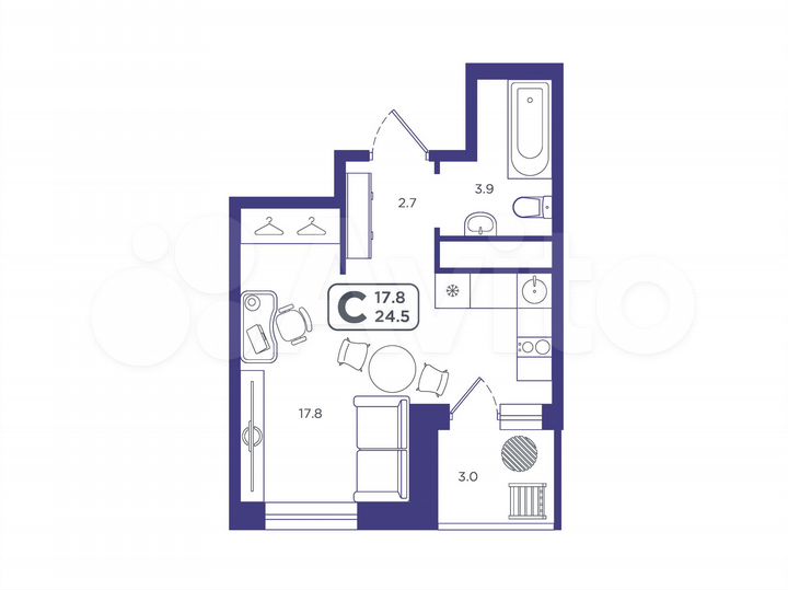 Квартира-студия, 24,5 м², 3/22 эт.