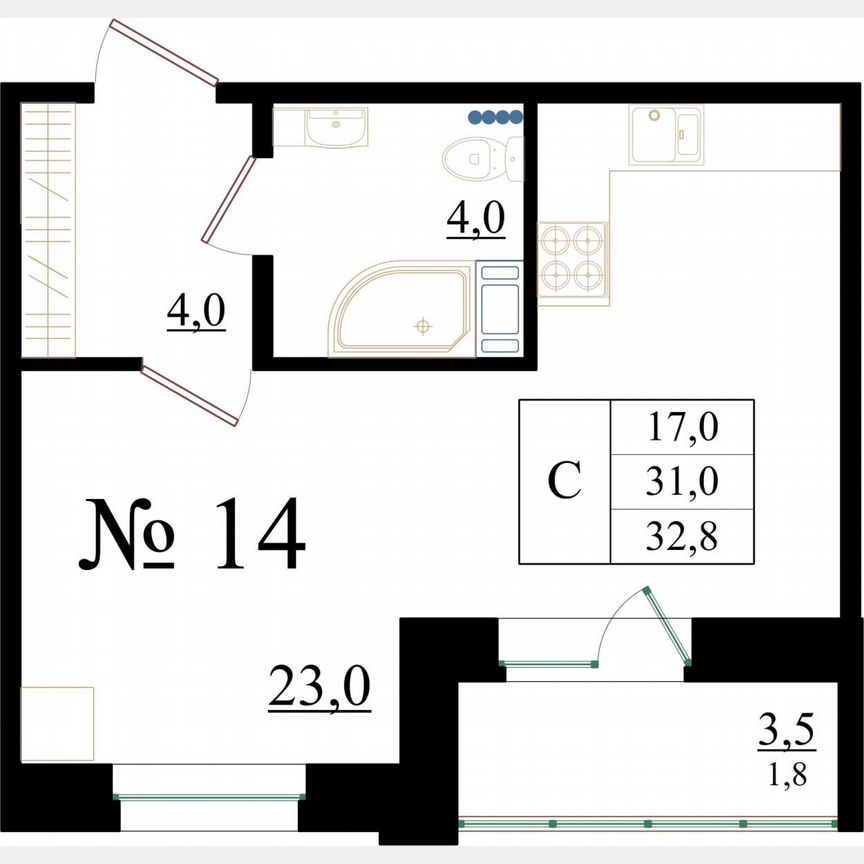 Квартира-студия, 32,8 м², 2/8 эт.