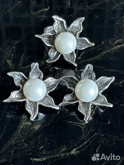 Серьгии кольцо с жемчугом бижутерия