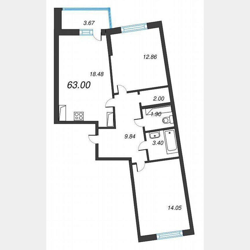 2-к. квартира, 64,7 м², 16/22 эт.