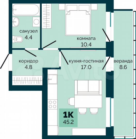 1-к. квартира, 45,2 м², 3/10 эт.