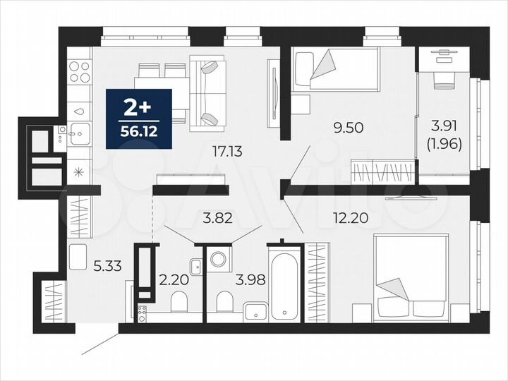 2-к. квартира, 56,1 м², 8/22 эт.