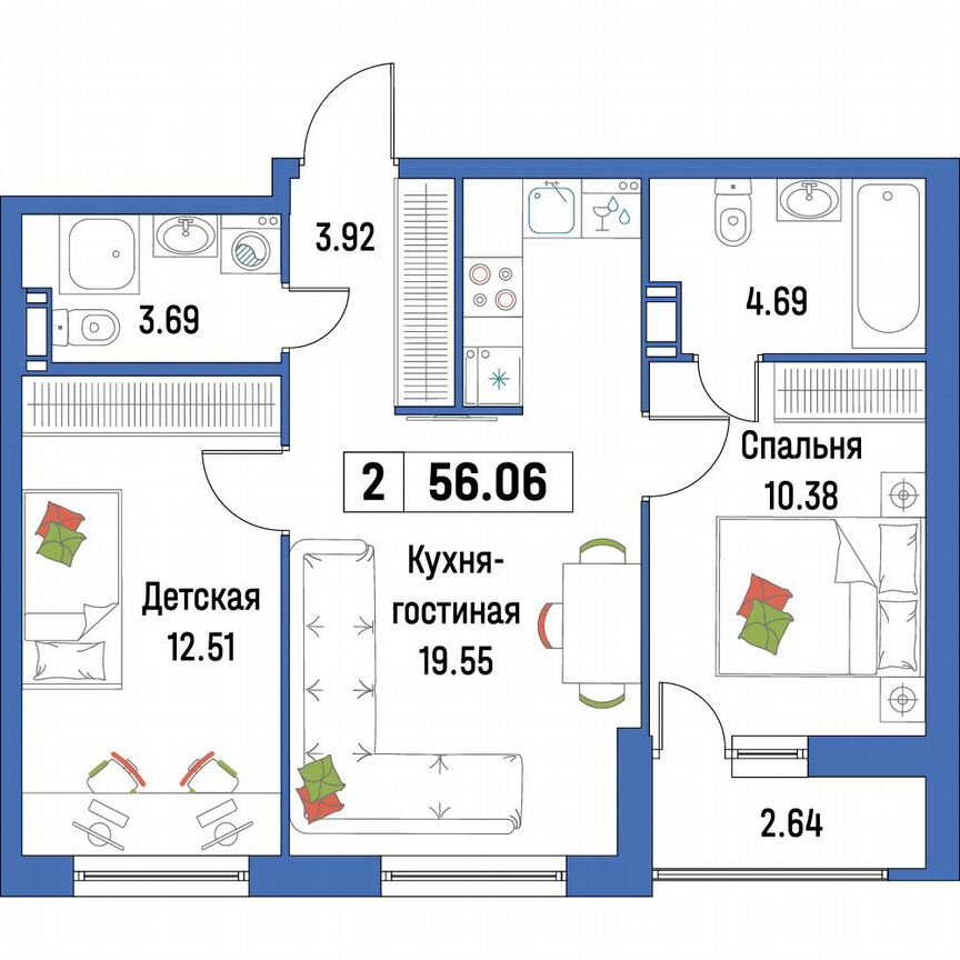 2-к. квартира, 56,1 м², 9/16 эт.