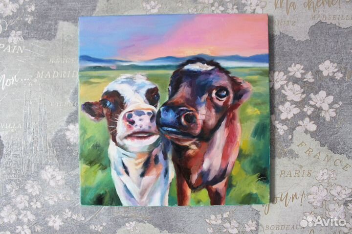 Картина с коровами маслом на холсте 50/50 см