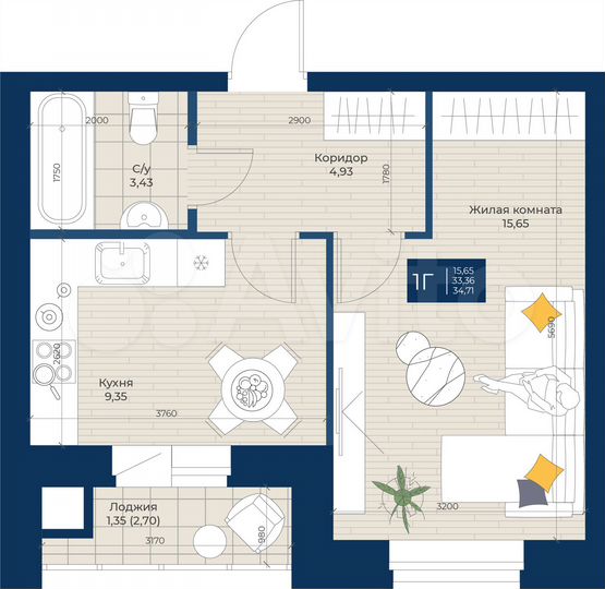1-к. квартира, 34,7 м², 5/5 эт.