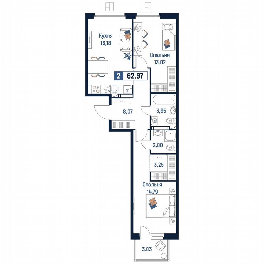 2-к. квартира, 63 м², 5/18 эт.