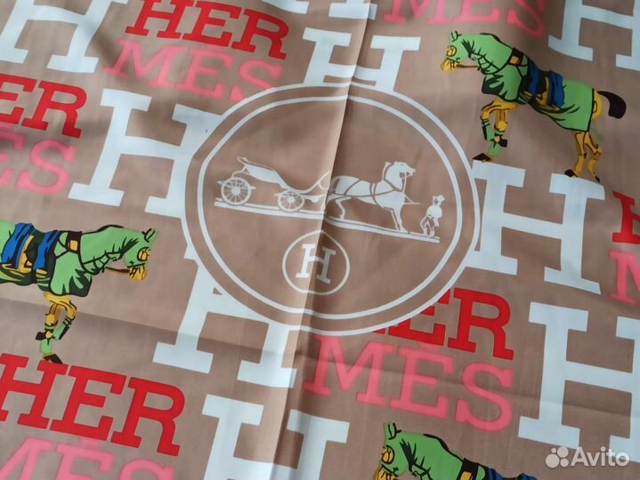 Платок Шелковый Hermes бежевый ручная подгибка