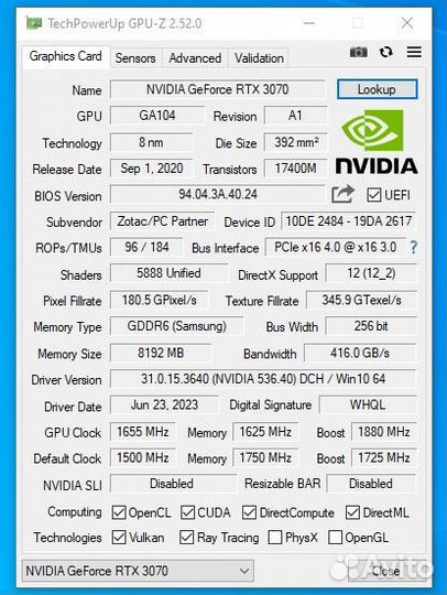 Видеокарта nvidia GeForce Zotac RTX 3070