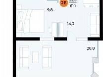 1-к. апартаменты, 61,3 м², 2/6 эт.