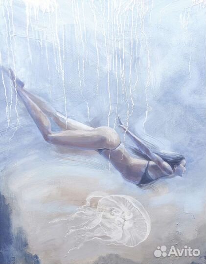 Большая синяя картина девушка море глубина медузы