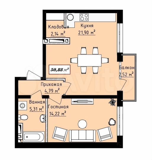 1-к. квартира, 50,9 м², 4/16 эт.
