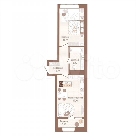1-к. квартира, 47,4 м², 14/14 эт.
