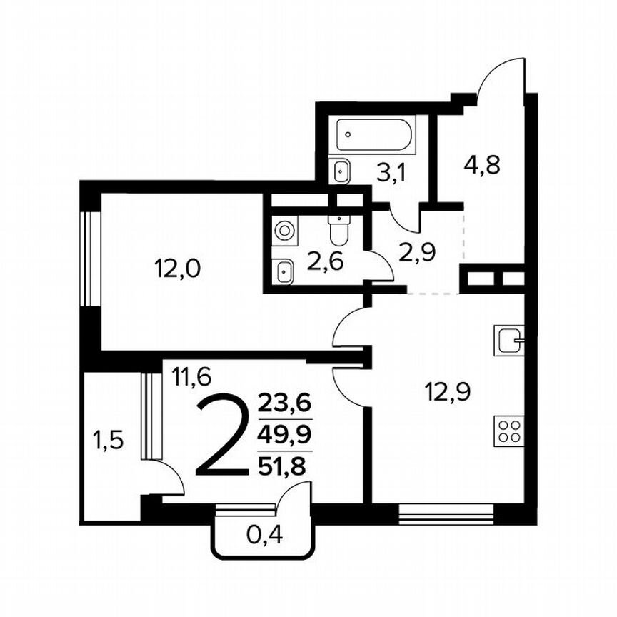 2-к. квартира, 51,8 м², 8/14 эт.