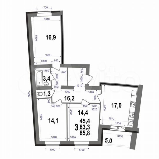 3-к. квартира, 85,8 м², 4/5 эт.