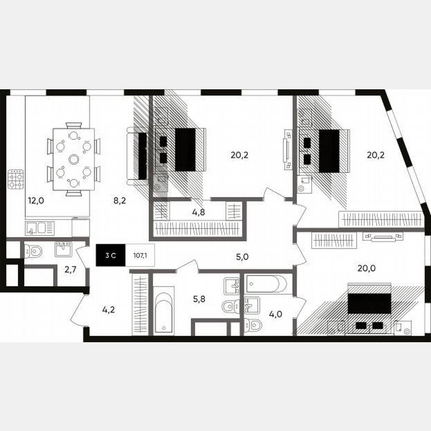 3-к. апартаменты, 107 м², 6/7 эт.
