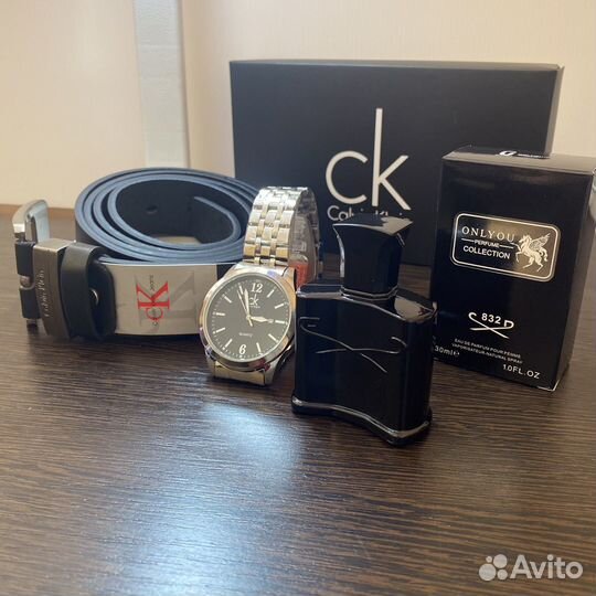 Мужской набор подарок 3в1 часы ремень духи