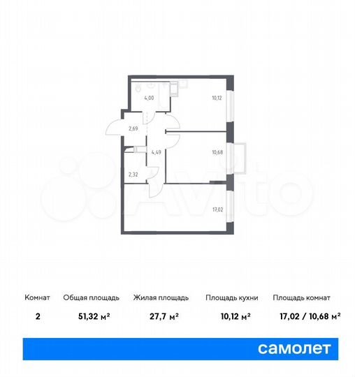 2-к. квартира, 51,3 м², 9/17 эт.
