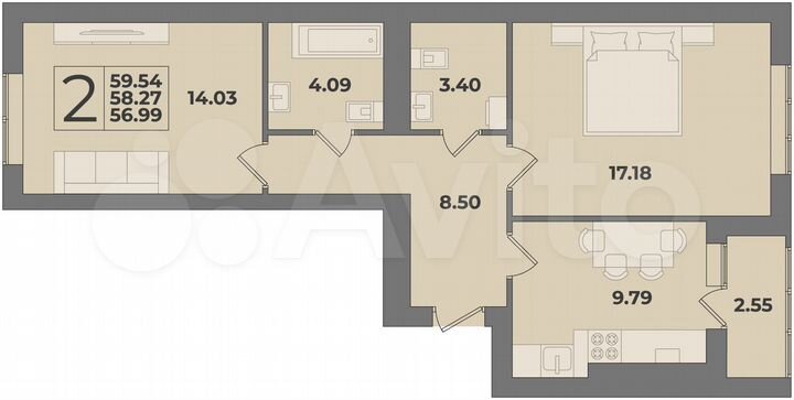 2-к. квартира, 59,5 м², 7/9 эт.