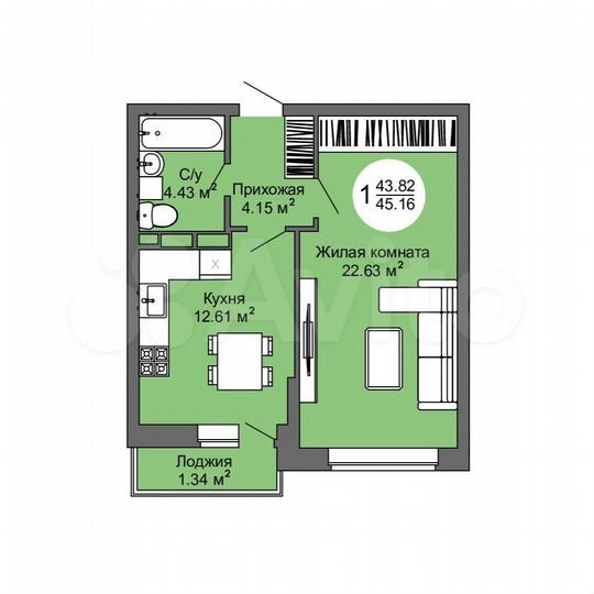 1-к. квартира, 45,2 м², 2/17 эт.